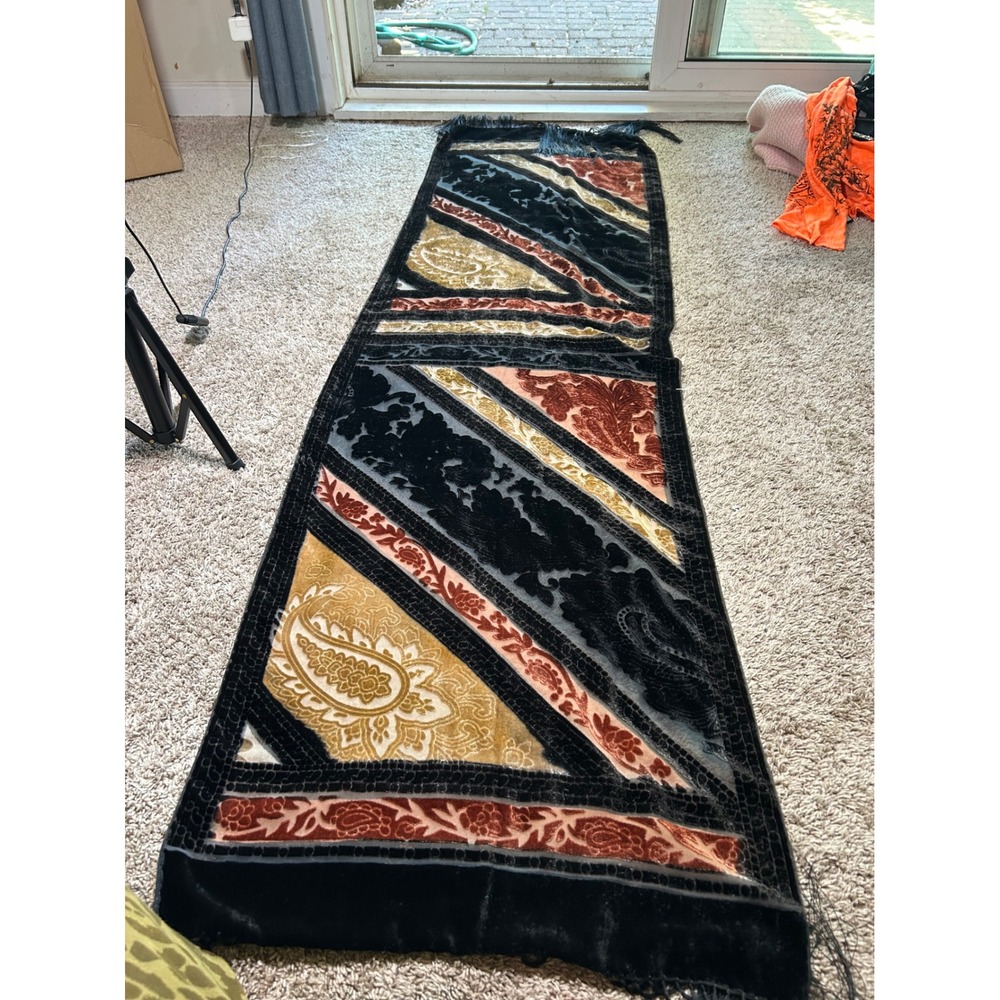 Vintage Silk Blend Burnout Velvet Scarf Boho Whimsigoth Victorian Fringe Large - Picture 2 of 7